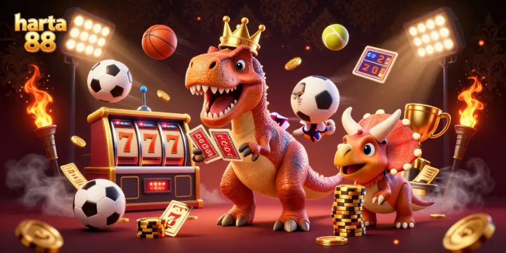 Experience exhilarating gaming with harta 88's vibrant casino scene featuring playful dinosaurs.