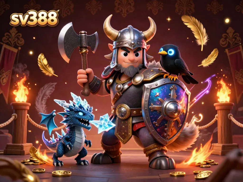 Witness the electrifying realm of sv388 with a Viking warrior, dragon, and raven in action.