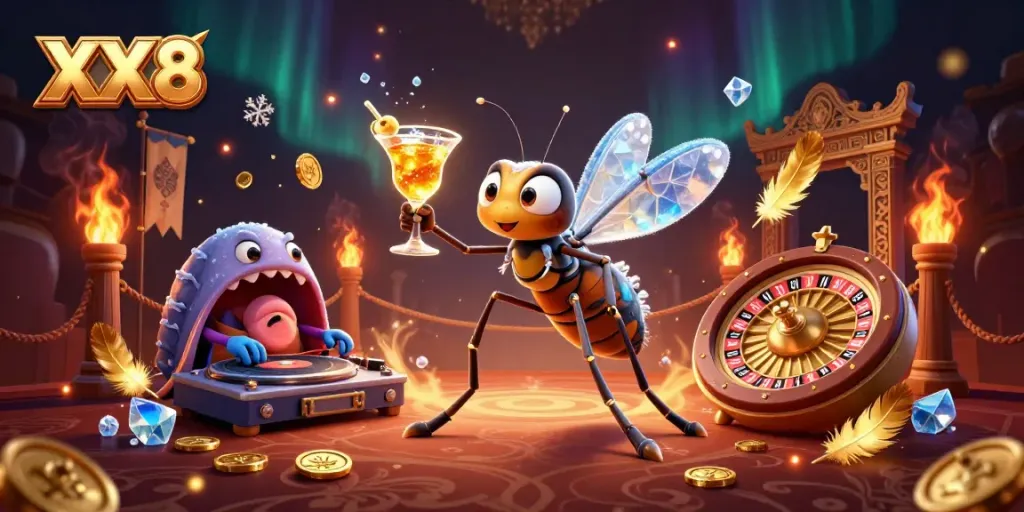 Experience the excitement of XX8 with a vibrant casino scene filled with animated characters and gambling elements.