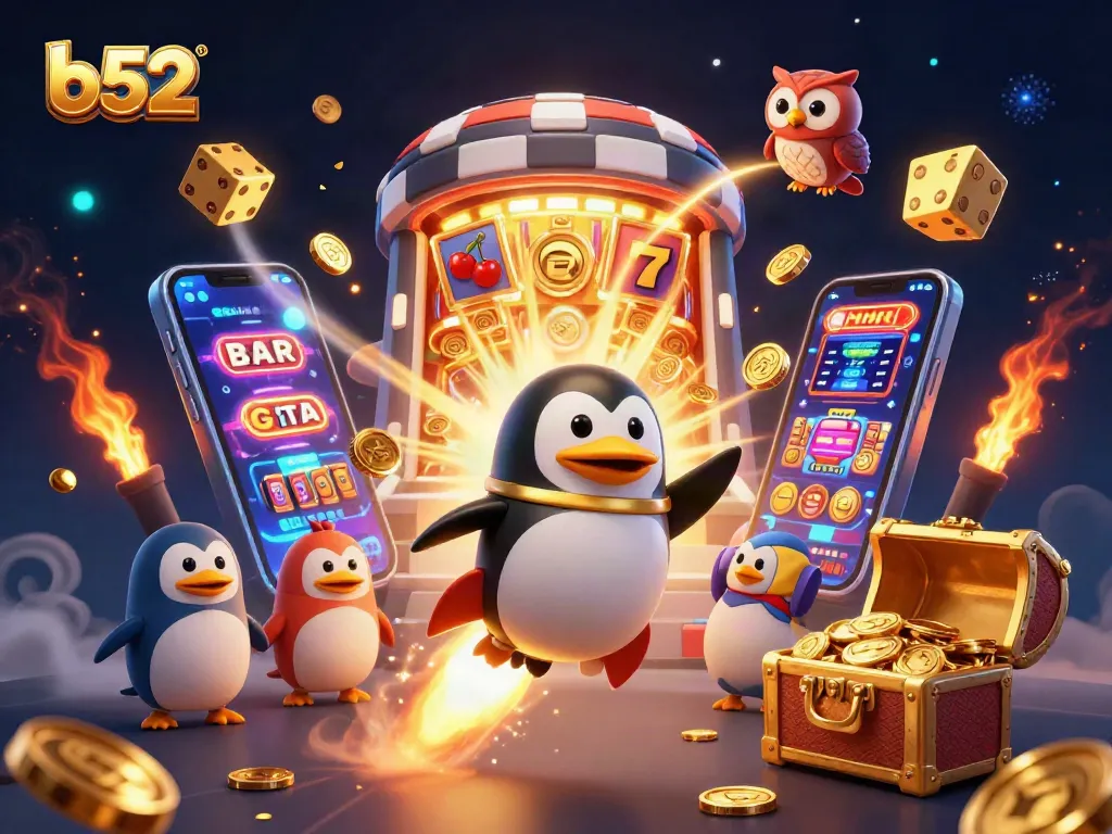 Experience the thrill of b52 gaming with a golden penguin racing through space towards a jackpot!