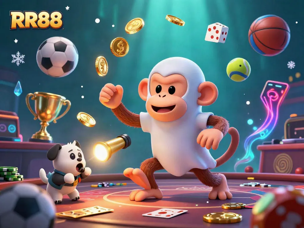 Engage in the vibrant casino atmosphere with RR88 as a poltergeist monkey juggles golden items while a curious puppy tracks it.