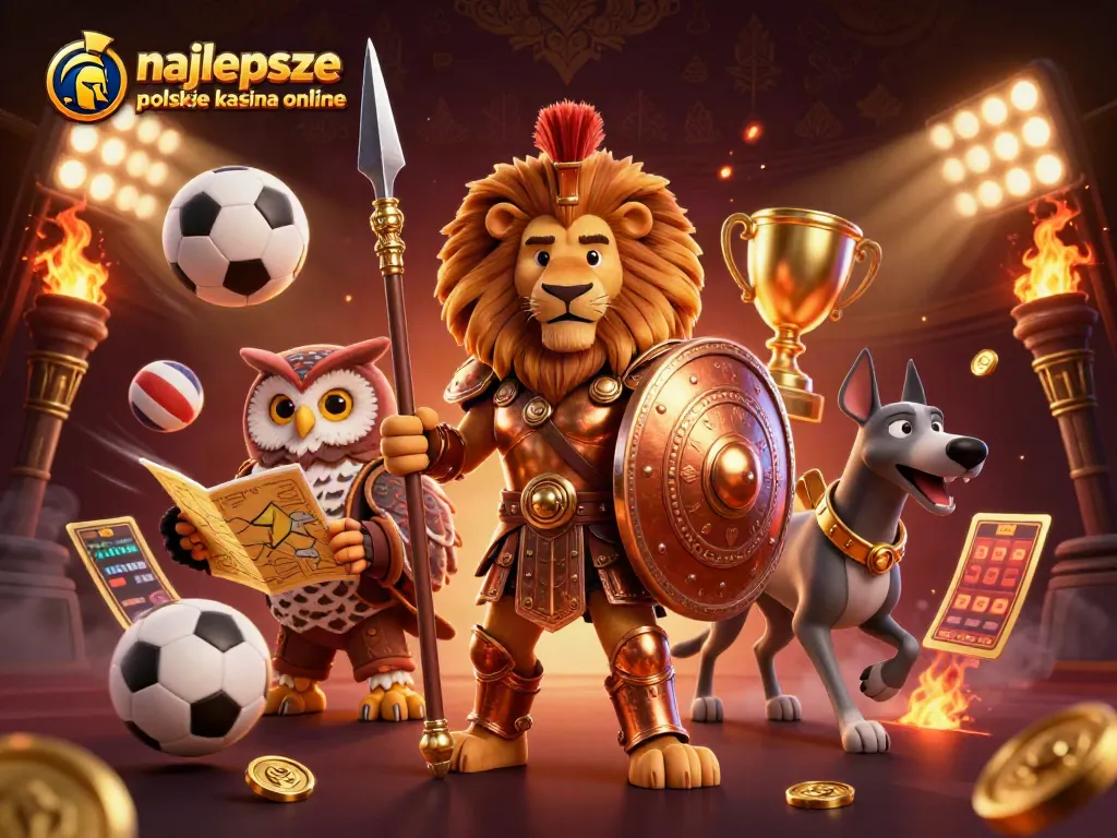 Engage with najlepsze polskie kasyna online through an exciting scene of a Spartan lion and sports elements.