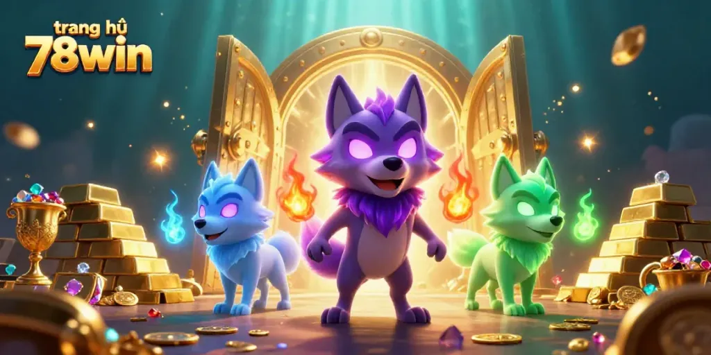 Engage in the excitement of trang chủ 78win with a mystical 3D wolf trio amidst piles of gold and gems.