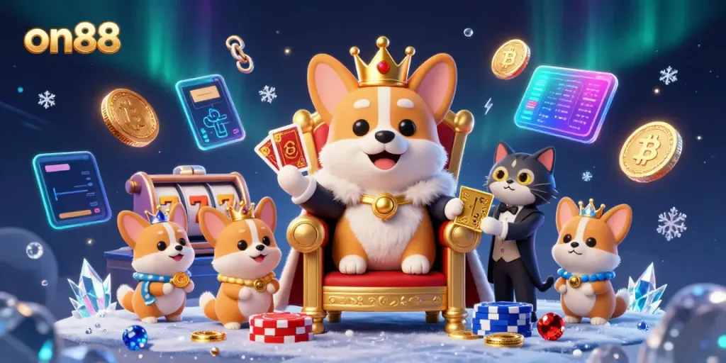 Join the royal gaming adventure with on88: a corgi king, golden cards, and vibrant casino elements.
