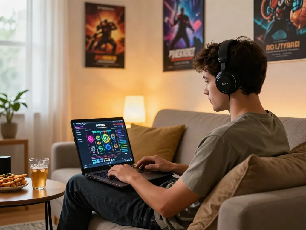 link slot gacor gaming scene with cozy atmosphere and modern setup