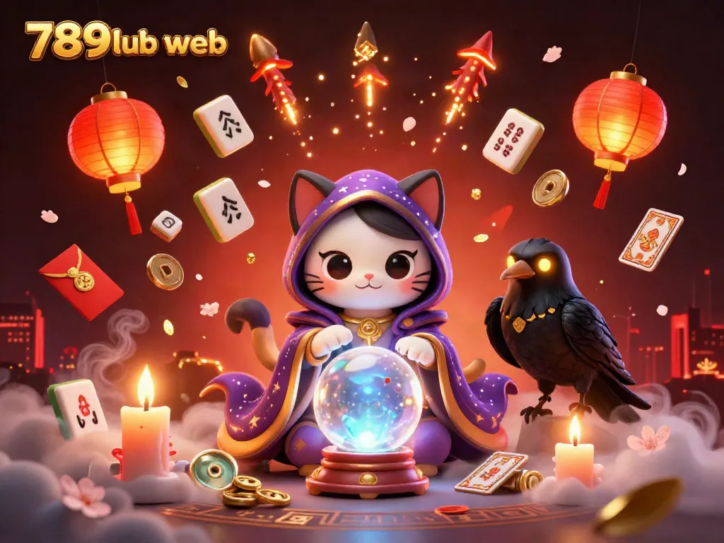 Awaken excitement with the vibrant 3D illustration of 789club web featuring a mystical cat and raven amidst gambling elements.