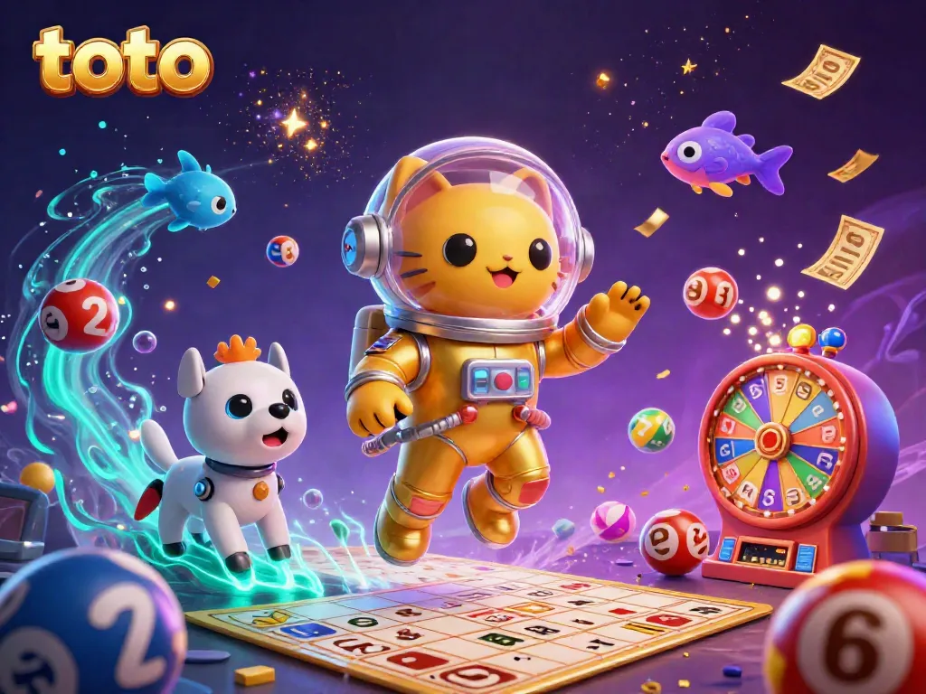 Ilustrasi 3D berwarna-warni dengan kucing astronot dan robot anjing yang bermain toto dalam suasana kosmik.