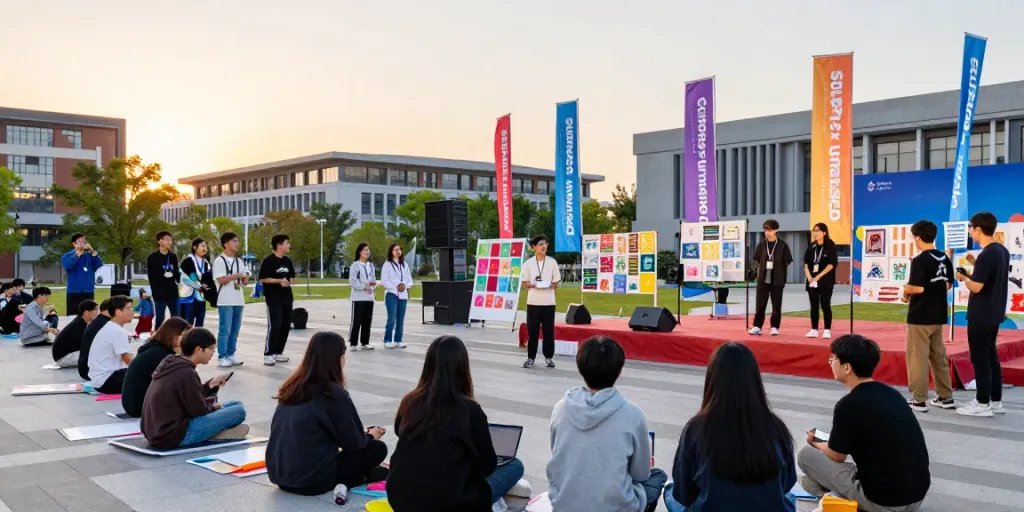 Engaging students at SUPER33 x CampusUnMasked showing creative works during sunset for super33 login.