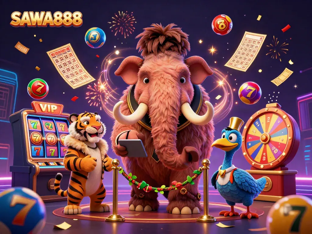 Experience the thrilling energy of SAWA888 with vibrant casino action and dynamic characters in this colorful illustration.
