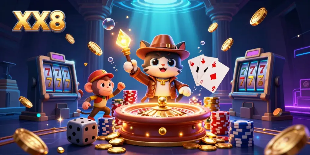 Experience the excitement of XX 8 with a cat archaeologist discovering treasures amid dynamic casino elements.