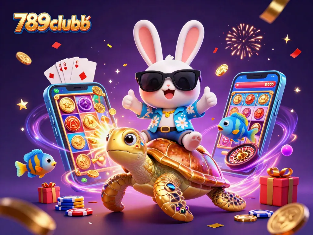Experience the excitement at 789clubb with a playful lucky rabbit and golden sea turtle in a vibrant casino scene.
