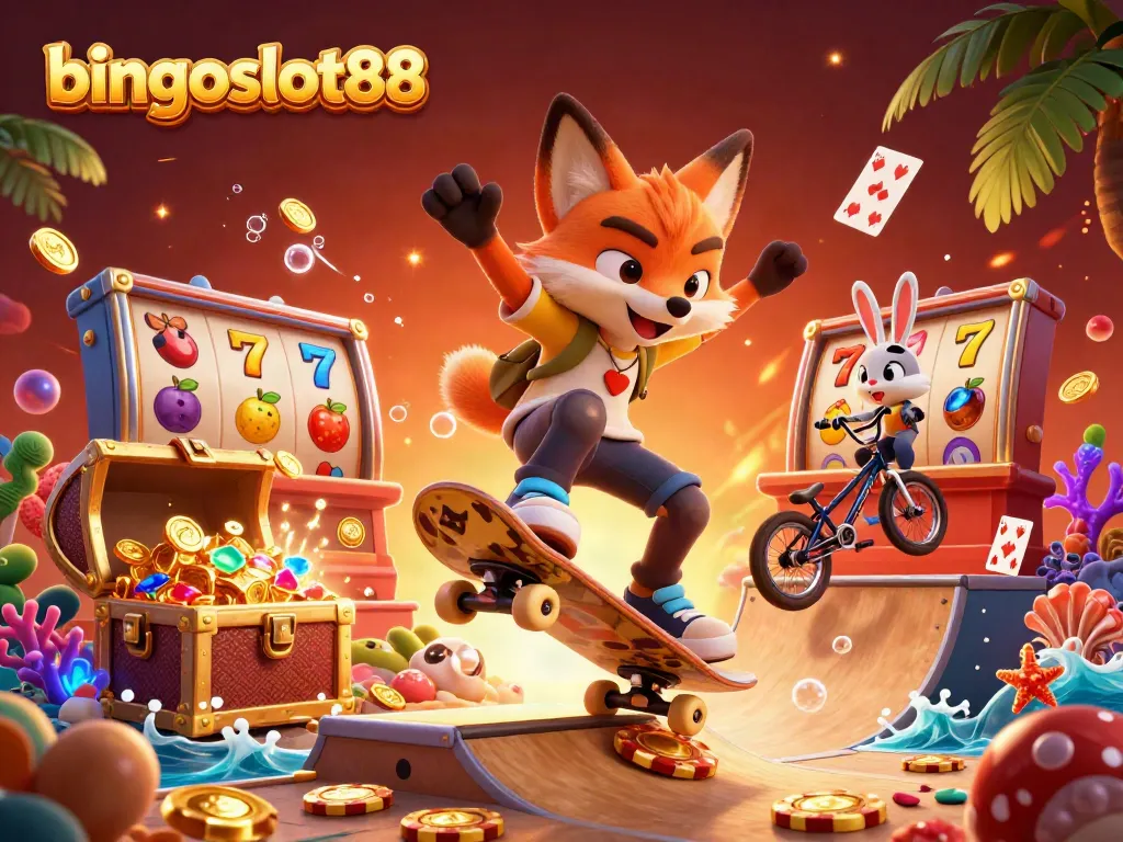 Mainkan bingoslot88 dengan slot berkilau dan simbol keberuntungan dalam ilustrasi kasino yang dinamis.