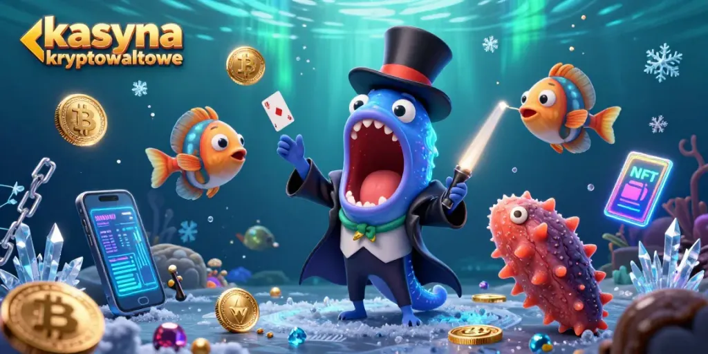 Engaging scene featuring a vibrant kasyna kryptowalutowe concept with cartoon sea creatures, showcasing crypto elements and card tricks.