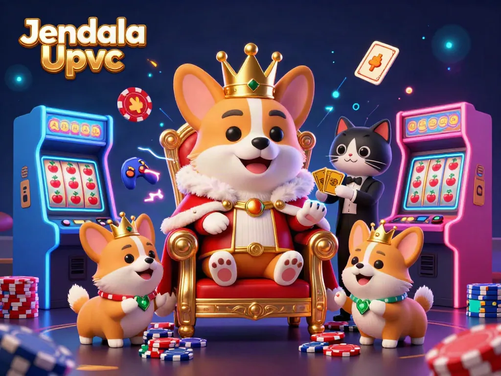 This illustration showcases Jendela Upvc's vibrant casino experience with a royal corgi and casino elements, immersing users.