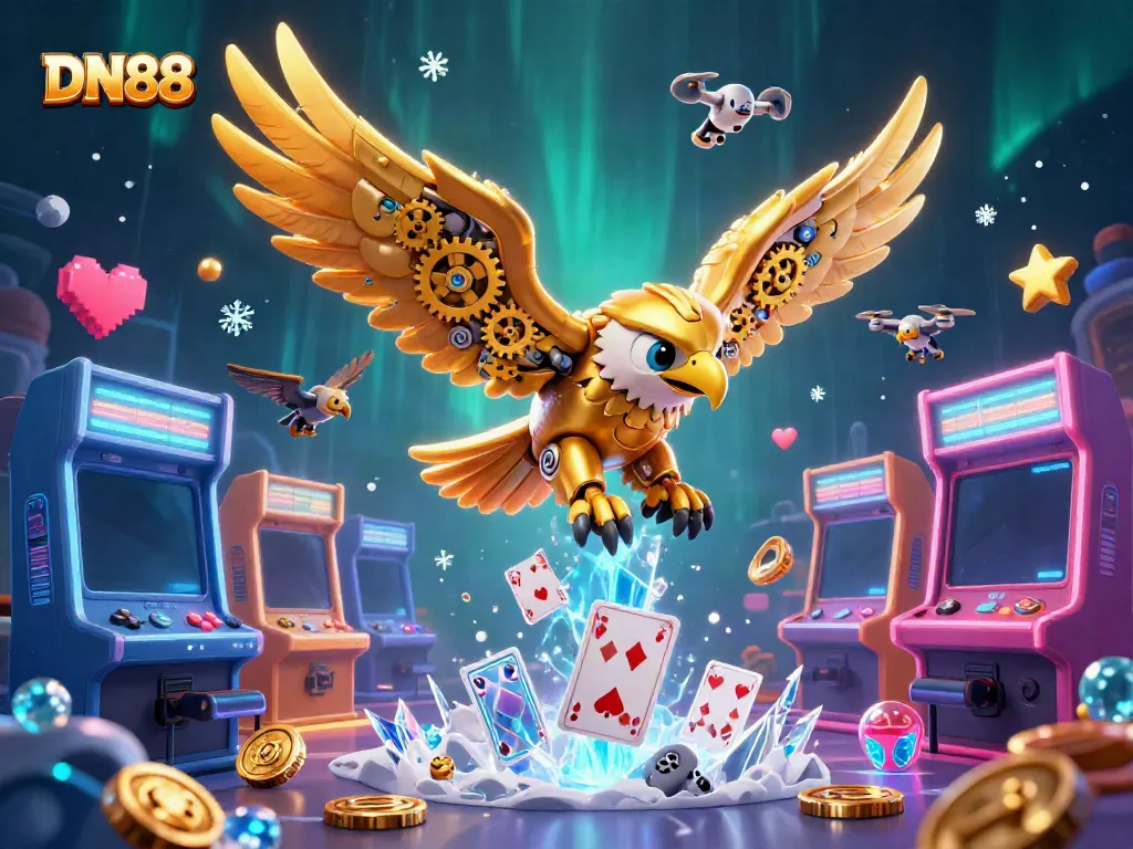 Engage in thrilling gameplay with DN88's dynamic casino scene featuring a golden eagle amidst holographic cards.