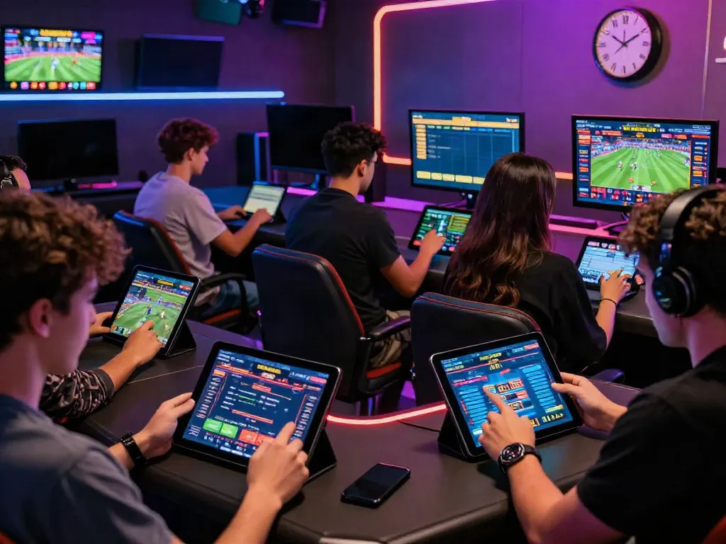 Users enjoying online betting at https://man881.jp.net/ in a modern gaming lounge, showcasing diverse betting options.