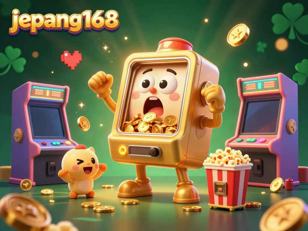 jepang168 slots illustration shows a golden slot machine winning a jackpot, surrounded by cheering baby slots and game elements.