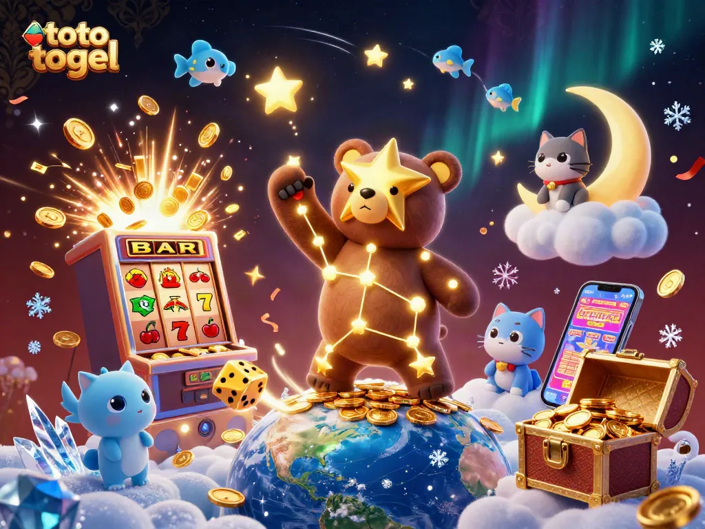 Engage with toto togel through an enchanting 3D illustration of a celestial bear collecting coins amidst a dynamic casino-themed backdrop.