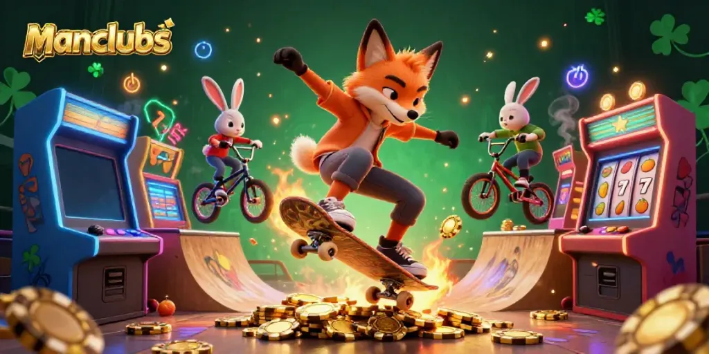 Engage with manclubs through a vibrant 3D casino scene with a skateboarder fox and BMX rabbit amidst gaming elements.