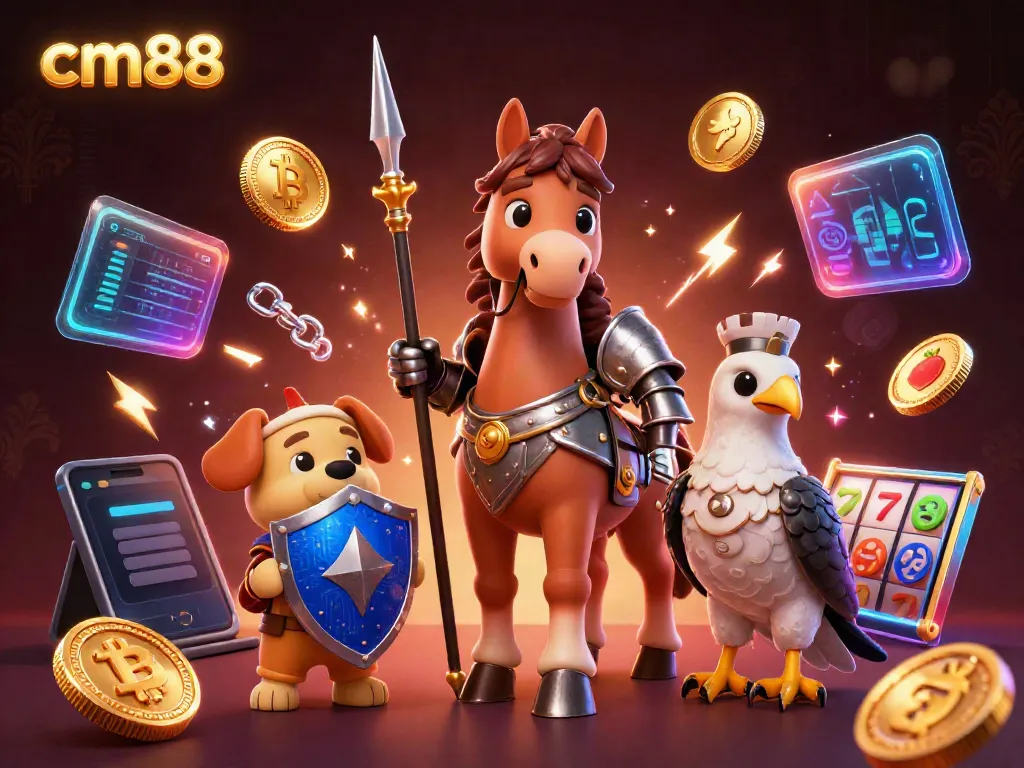 Experience the excitement of cm88 with a medieval knight, squire, and falcon in a vibrant casino setting.