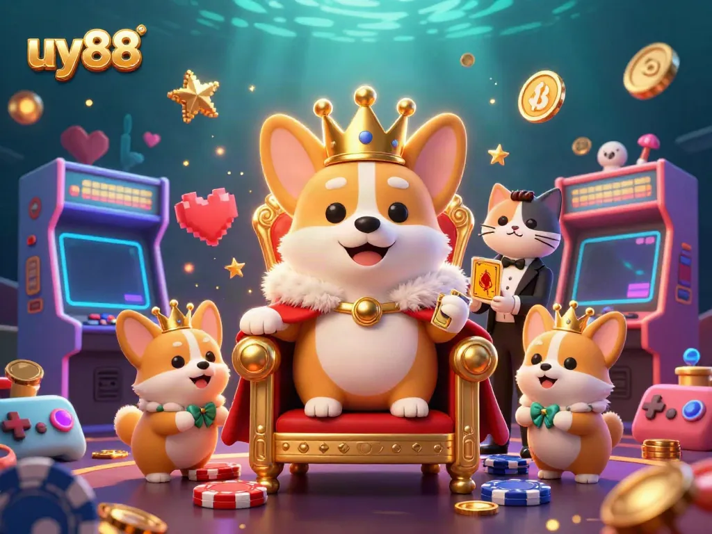 Play exciting games with uy88, featuring a royal corgi on a poker chip throne surrounded by gaming elements.