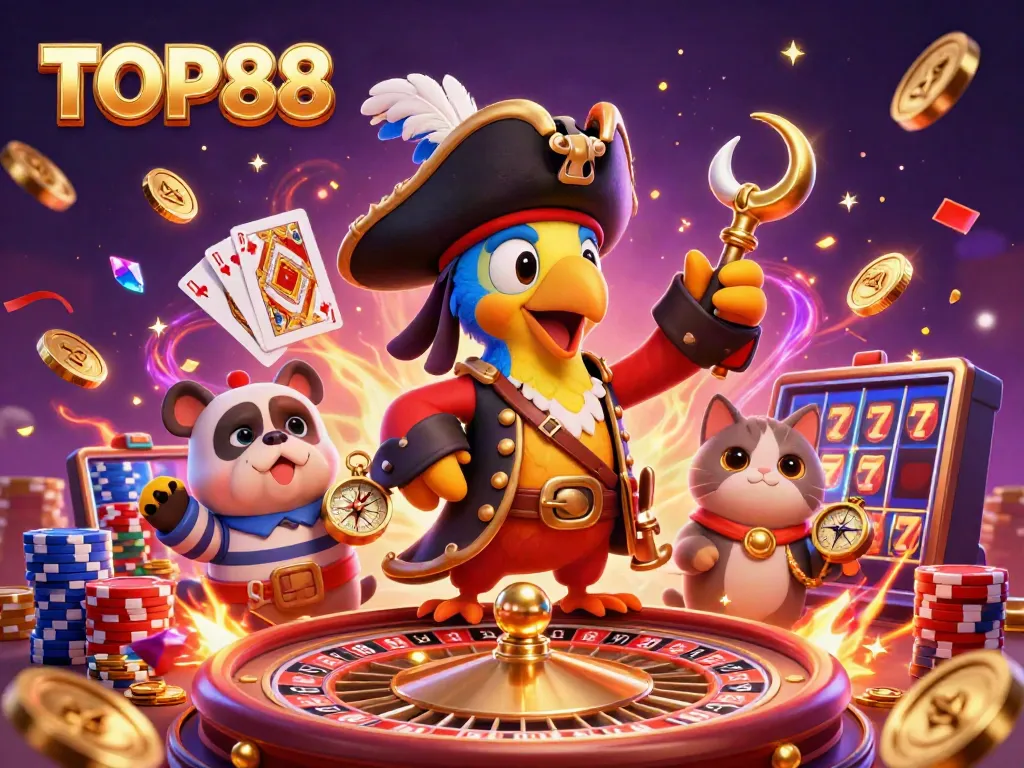 Experience winning with TOP88 in a vibrant casino scene featuring a pirate captain, bulldog, and cat.