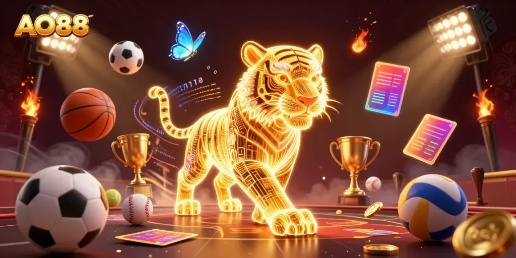 Experience the energy of AO88 with golden tiger and dynamic sports elements in this vibrant casino scene.