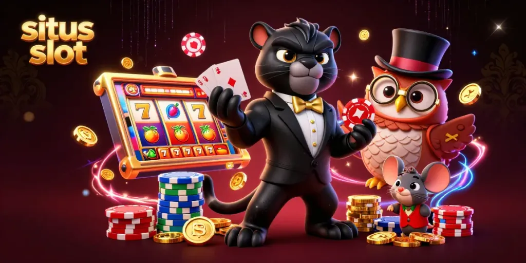Engage in situs slot action with a stylish 3D cartoon panther dealer and charming owl, surrounded by vibrant slot elements.