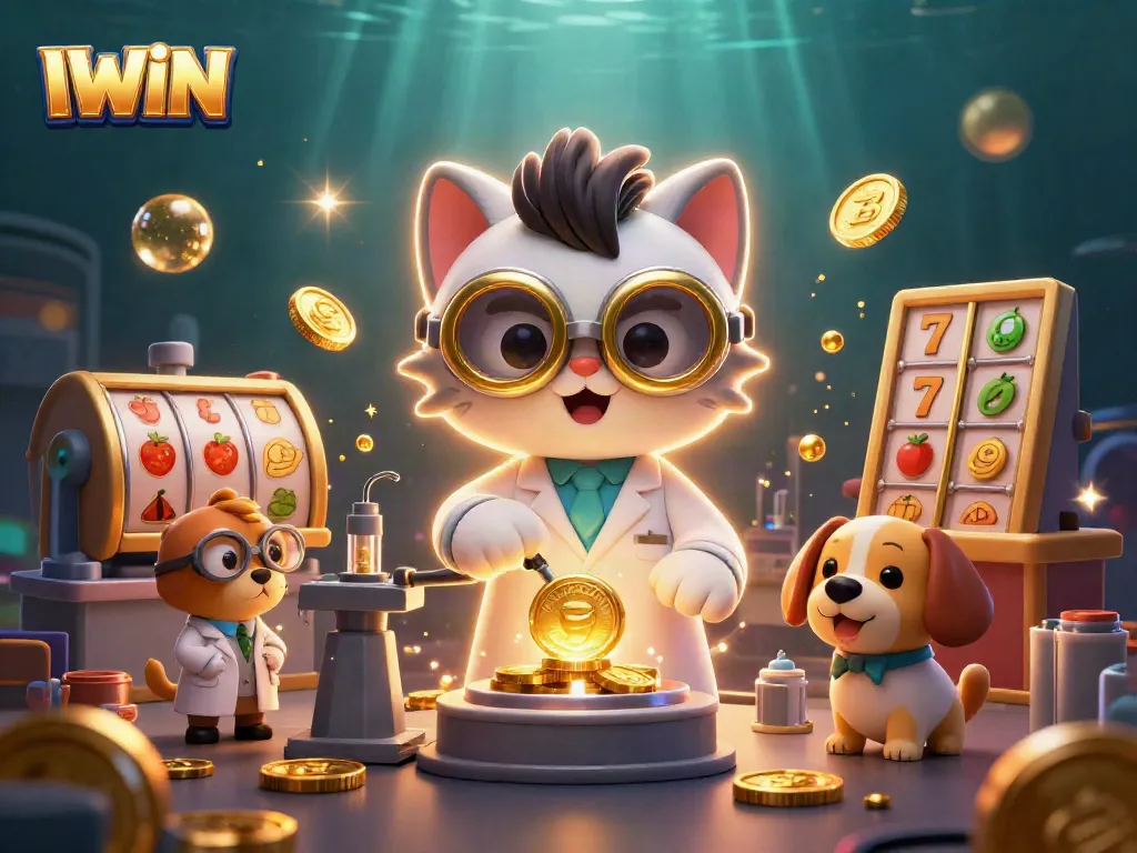 IWIN showcases a vibrant casino scene with cartoon characters and slot elements, sparking excitement and engagement.