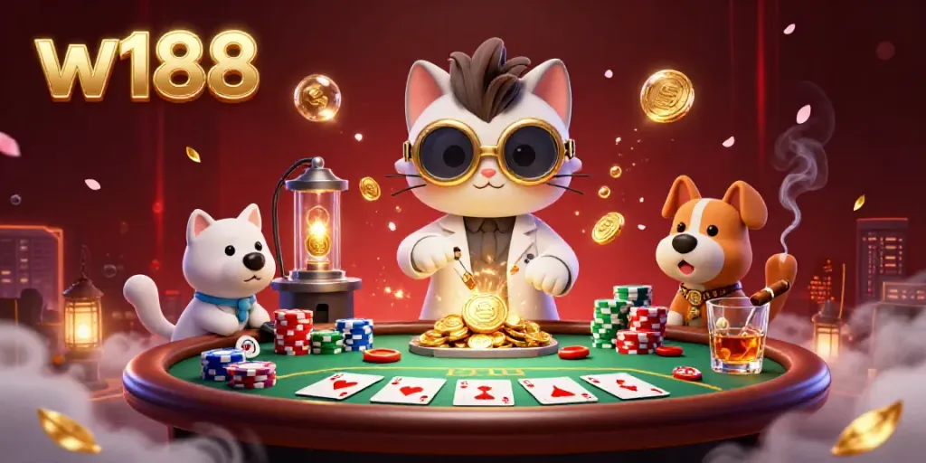Experience the thrilling world of w188 with a dynamic casino lab featuring poker elements and a mad scientist cat.