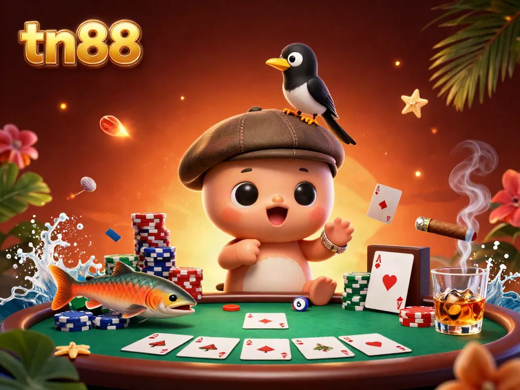 Engaging tn88 scene with cartoon Nessie and poker elements showcasing playful casino vibes.