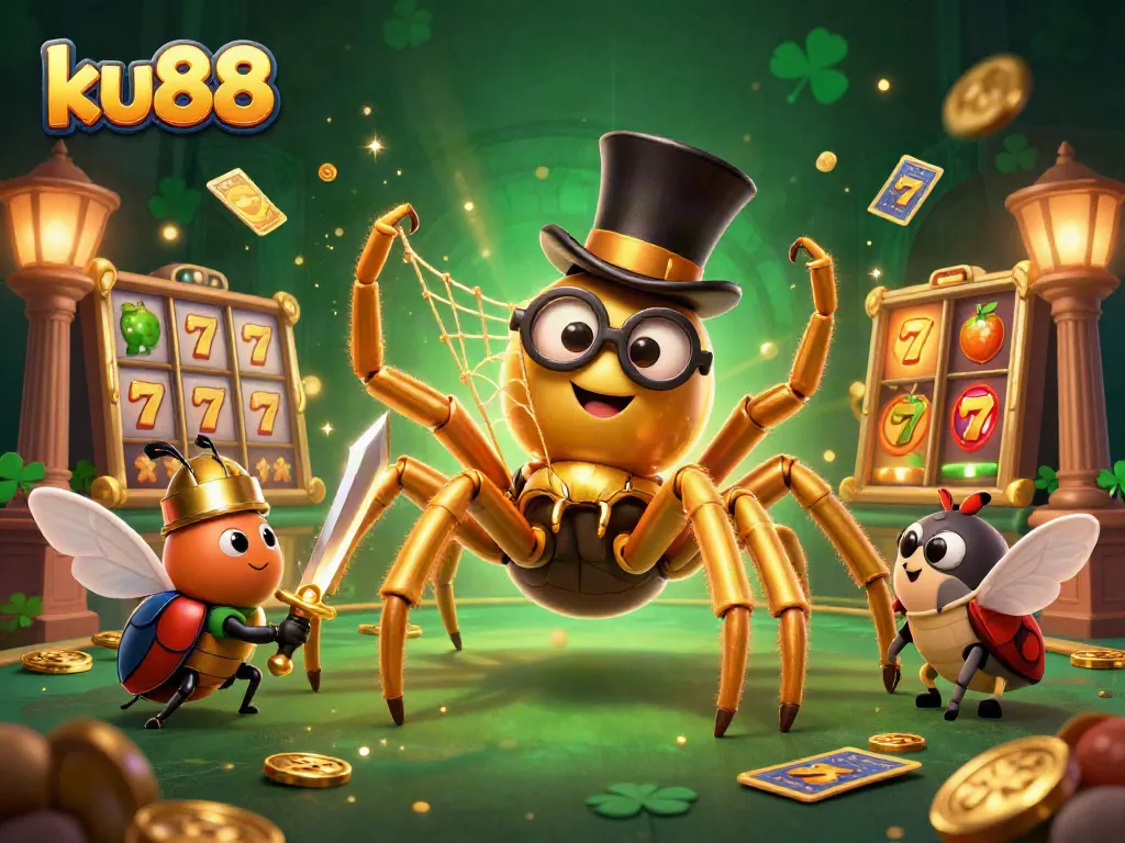 ku88 showcases dynamic slots action with a golden tarantula and a knight in a thrilling casino scene.