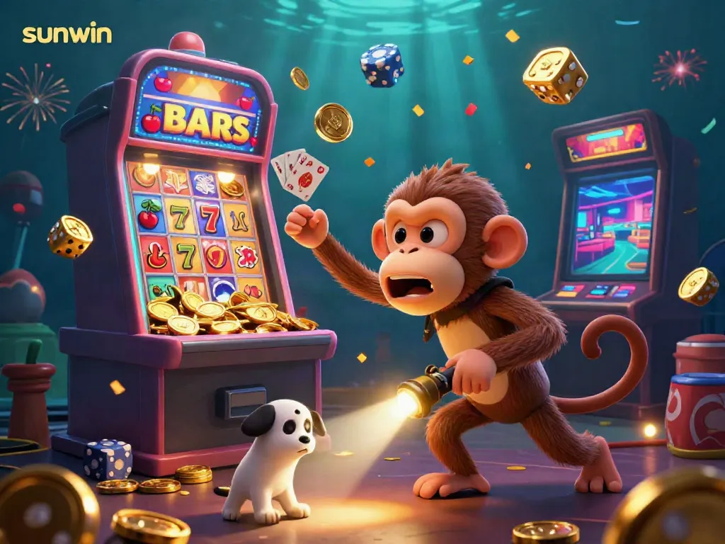 Catch golden wins at sunwin with a playful ghost-hunter puppy tracking a mischievous monkey in a vibrant casino.