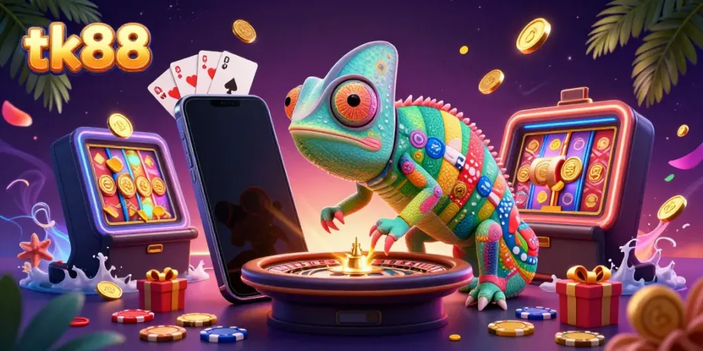 Play the exciting tk88 slot game with dynamic visuals of a colorful chameleon casino owner.