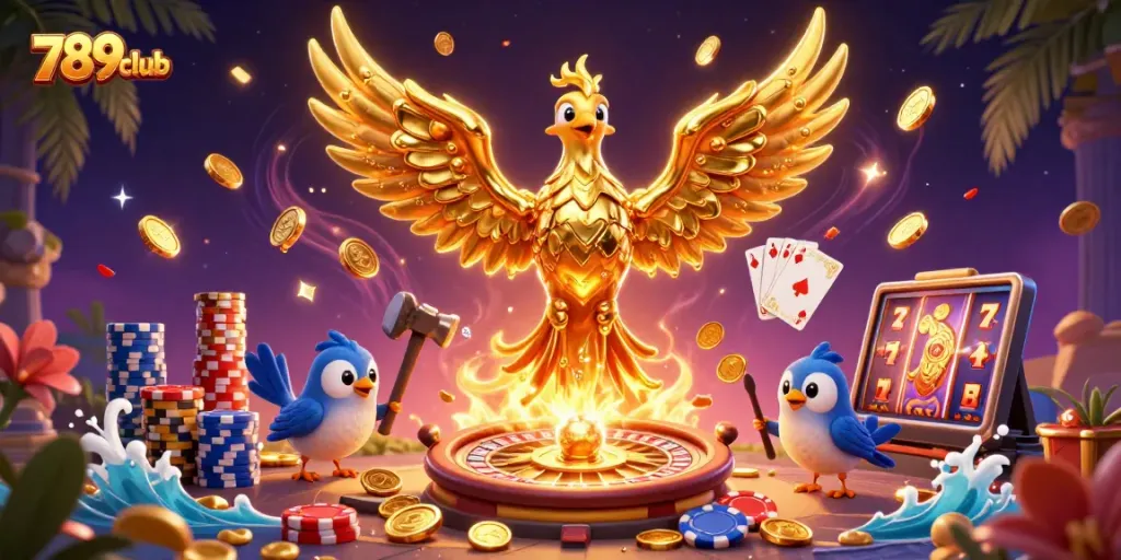 Experience exciting gaming action at 789club with a dynamic casino illustration showcasing winning moments.