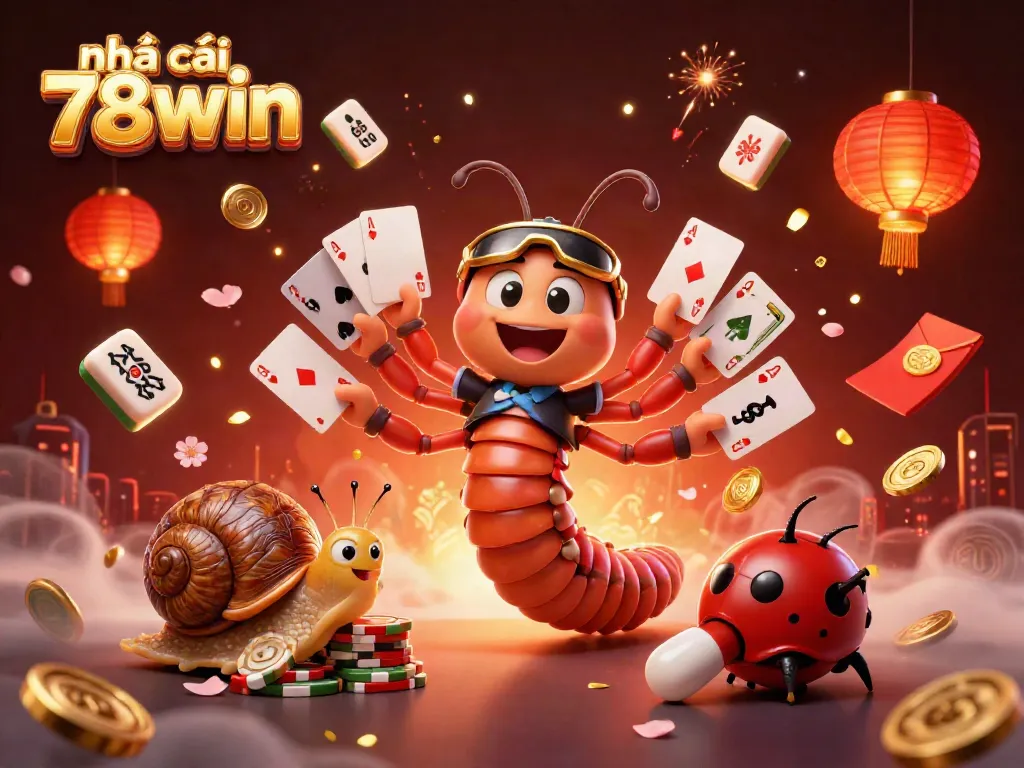 Engaging scene showcasing nhà cái 78win with a millipede dealer, snail high-roller, and vibrant casino elements.