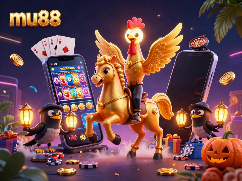 Mu88 gaming scene featuring a golden rooster and spectral horse in a vibrant casino setting.