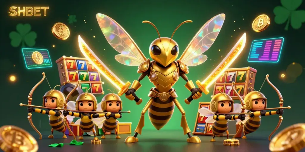 Experience the vibrant excitement of SHBET with a golden hornet samurai in a dynamic casino scene.