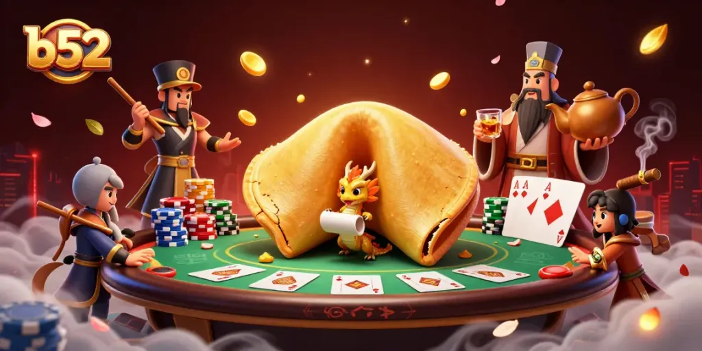 B52 themed online casino scene featuring cartoon dragon and poker elements for immersive gaming experience.