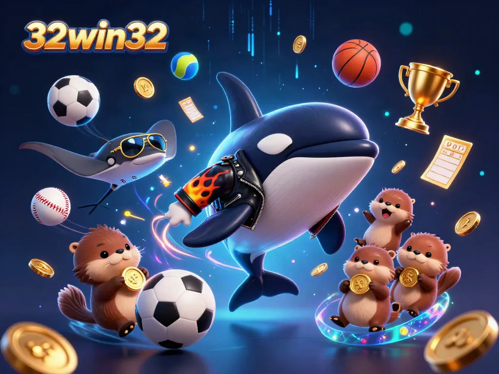 Experience thrilling gaming with 32win32, featuring a vibrant scene of sea creatures and sports elements.