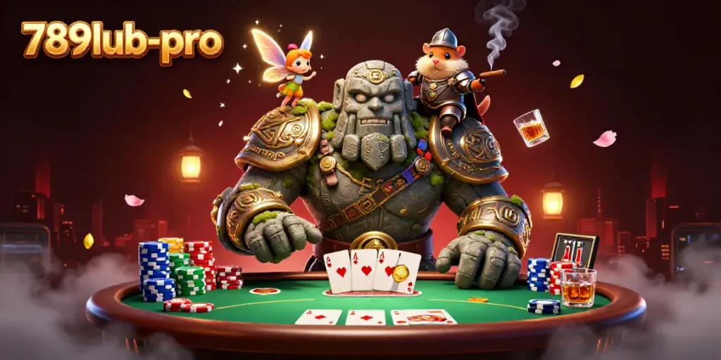 Engage with 789lub-pro's vibrant 3D casino scene, featuring a magical golem, fairy, and hamster knight.