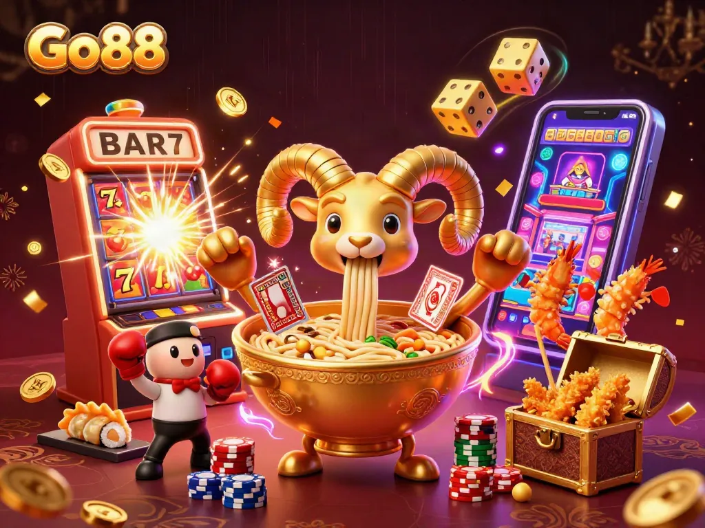 Experience exciting gameplay at Go88 with a vibrant 3D illustration of casino characters and jackpot symbols.