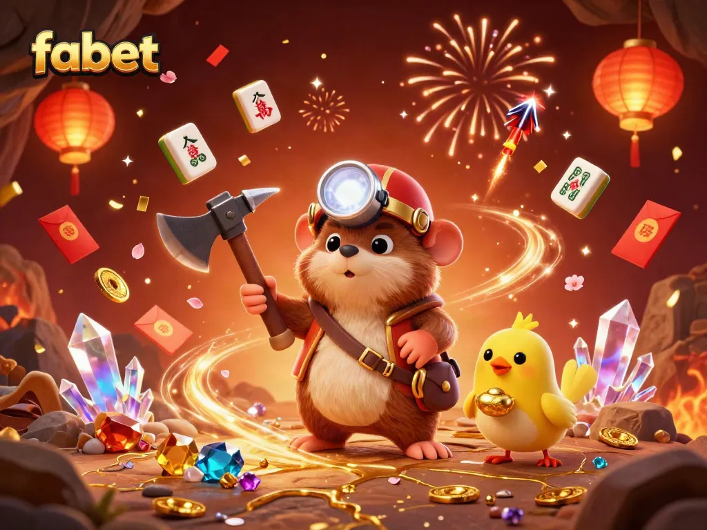 Experience thrilling wins at fabet with a vibrant 3D illustration of a treasure hunter mole surrounded by casino elements.