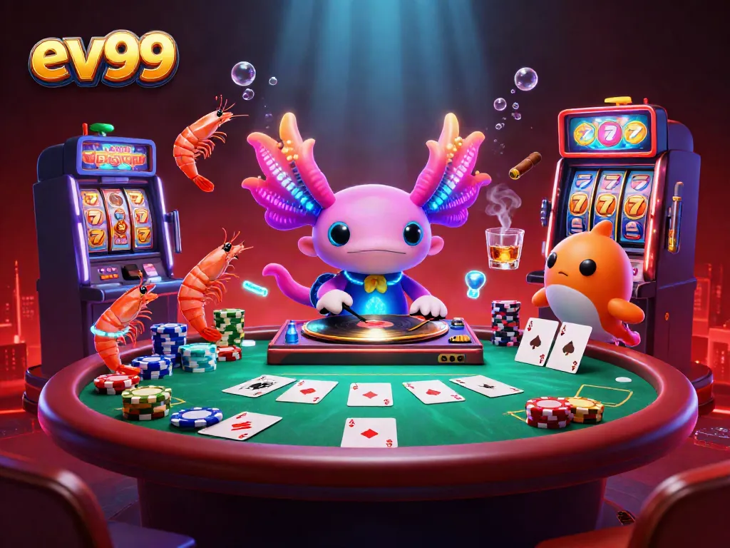 ev99 lively scene with neon axolotl DJ, poker elements, and dynamic underwater atmosphere.