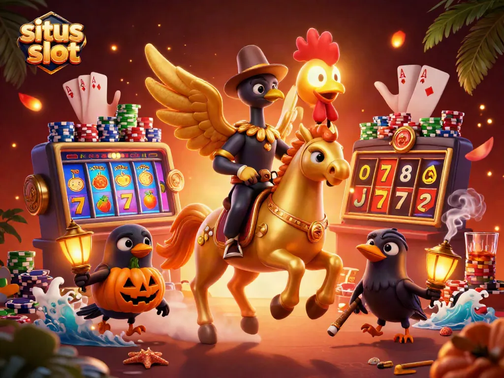 Situs slot magic unfolds with a golden rooster riding a spectral horse in a vibrant casino scene.