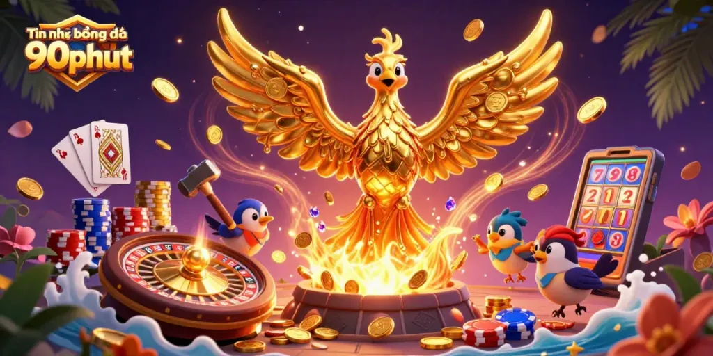 Tin tức bóng đá 90phut showcases a vibrant 3D phoenix with gold coins and roulette wheels, celebrating betting excitement.