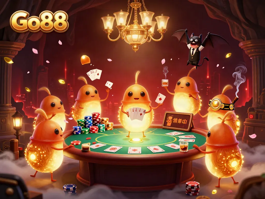 Experience Go88's enchanting cave casino with glowing characters, poker elements, and vivid details.
