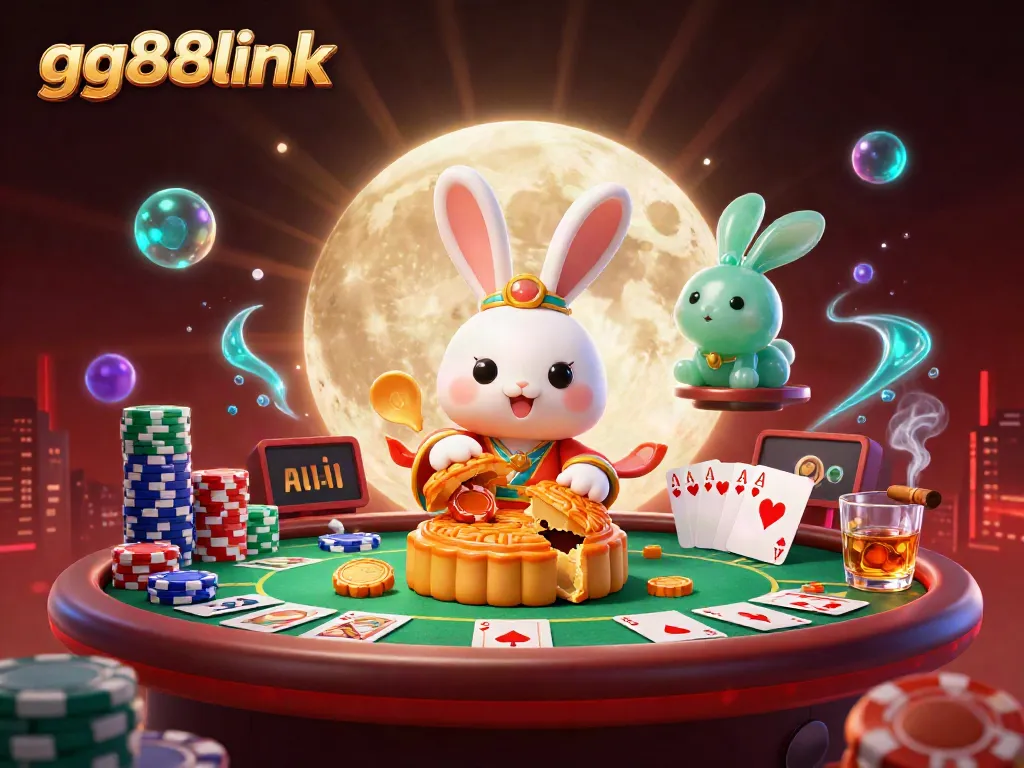 Engage in thrilling gameplay with gg88link as the moon rabbit pounds mooncakes revealing poker chips.