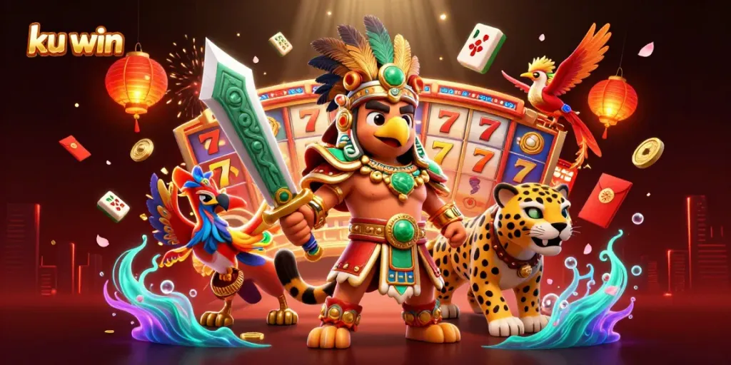 Experience thrilling slots and jackpots at ku win with a vibrant Aztec-themed casino illustration.