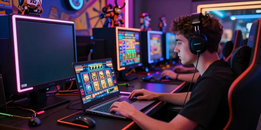 Player engaging with slot777 game on a laptop in a colorful gaming setup, showcasing the thrill of online gaming.
